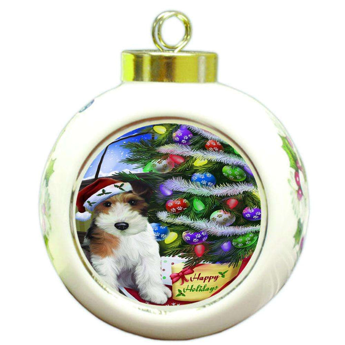 Christmas Happy Holidays Wire Fox Terrier Dog with Tree and Presents Round Ball Christmas Ornament RBPOR53480