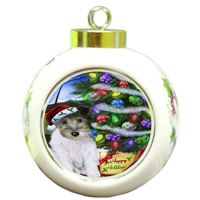 Christmas Happy Holidays Wire Fox Terrier Dog with Tree and Presents Round Ball Christmas Ornament RBPOR53481