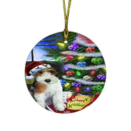 Christmas Happy Holidays Wire Fox Terrier Dog with Tree and Presents Round Flat Christmas Ornament RFPOR53471