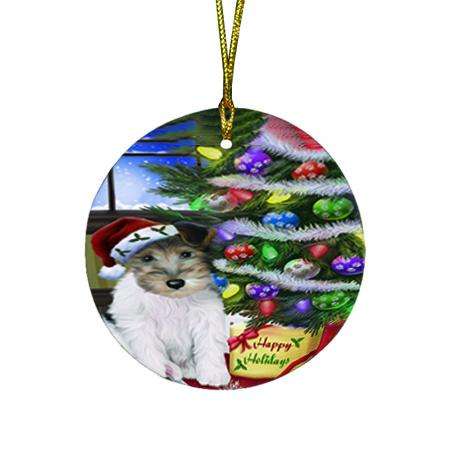 Christmas Happy Holidays Wire Fox Terrier Dog with Tree and Presents Round Flat Christmas Ornament RFPOR53472