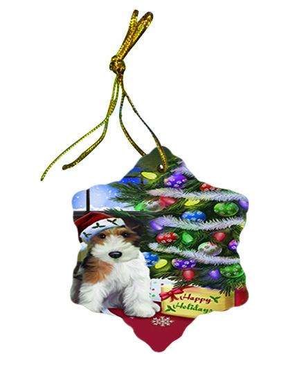 Christmas Happy Holidays Wire Fox Terrier Dog with Tree and Presents Star Porcelain Ornament SPOR53471