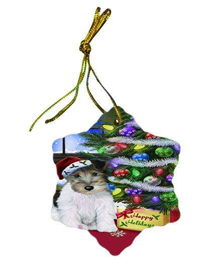 Christmas Happy Holidays Wire Fox Terrier Dog with Tree and Presents Star Porcelain Ornament SPOR53472