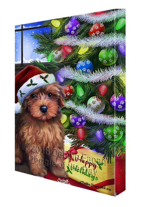 Christmas Happy Holidays Yorkipoo Dog with Tree and Presents Canvas Print Wall Art Décor CVS99188