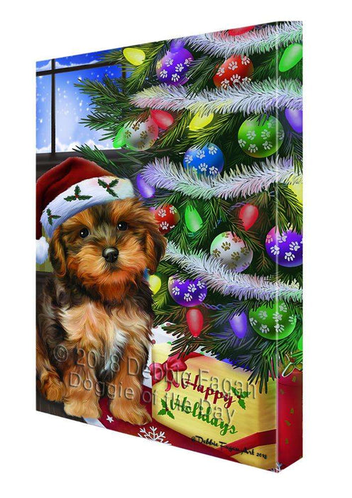 Christmas Happy Holidays Yorkipoo Dog with Tree and Presents Canvas Print Wall Art Décor CVS99206