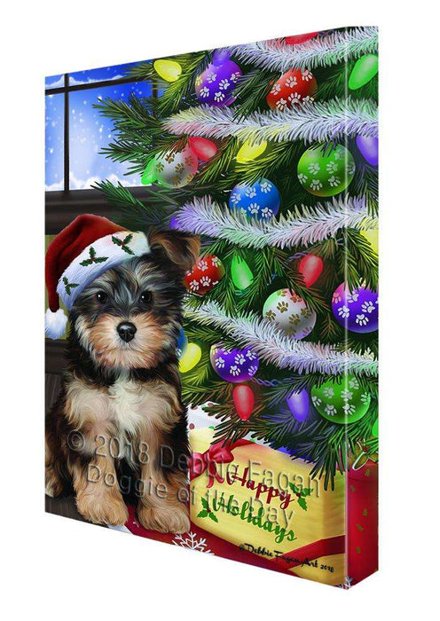 Christmas Happy Holidays Yorkipoo Dog with Tree and Presents Canvas Print Wall Art Décor CVS99215
