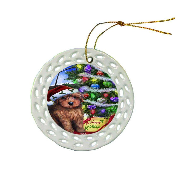 Christmas Happy Holidays Yorkipoo Dog with Tree and Presents Ceramic Doily Ornament DPOR53482