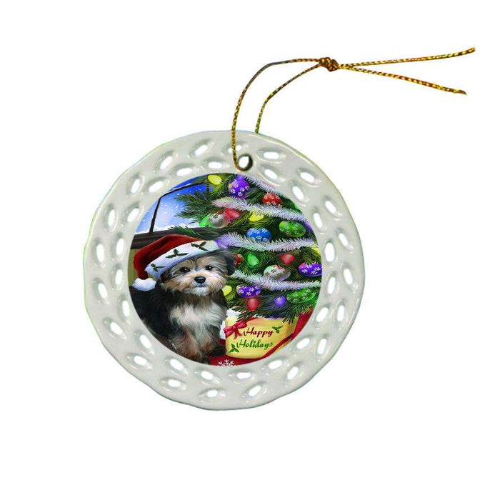 Christmas Happy Holidays Yorkipoo Dog with Tree and Presents Ceramic Doily Ornament DPOR53483