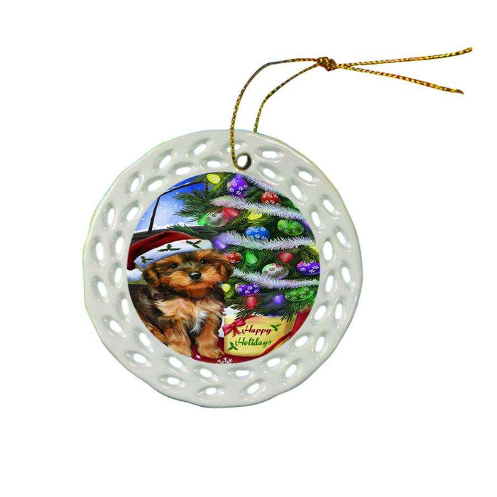 Christmas Happy Holidays Yorkipoo Dog with Tree and Presents Ceramic Doily Ornament DPOR53484