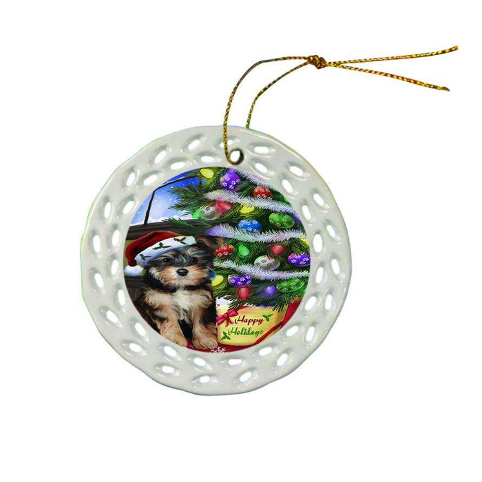 Christmas Happy Holidays Yorkipoo Dog with Tree and Presents Ceramic Doily Ornament DPOR53485