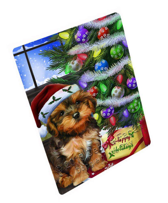 Christmas Happy Holidays Yorkipoo Dog with Tree and Presents Cutting Board C64896