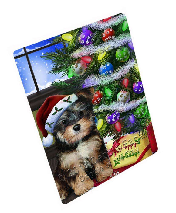 Christmas Happy Holidays Yorkipoo Dog with Tree and Presents Cutting Board C64899