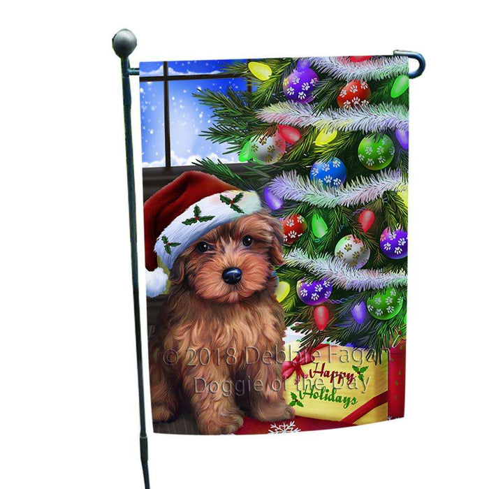 Christmas Happy Holidays Yorkipoo Dog with Tree and Presents Garden Flag GFLG53544