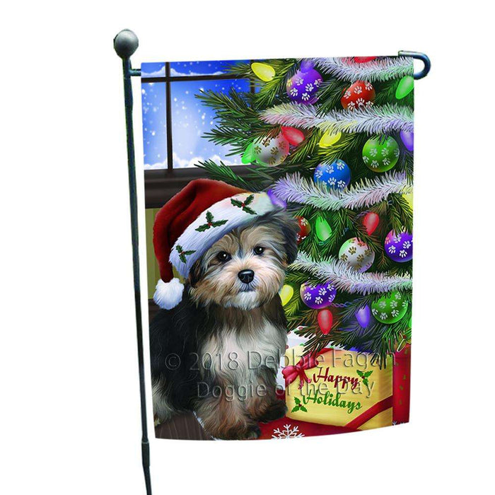 Christmas Happy Holidays Yorkipoo Dog with Tree and Presents Garden Flag GFLG53545