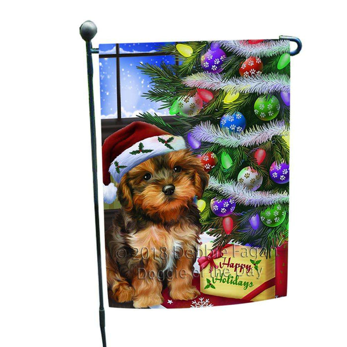 Christmas Happy Holidays Yorkipoo Dog with Tree and Presents Garden Flag GFLG53546