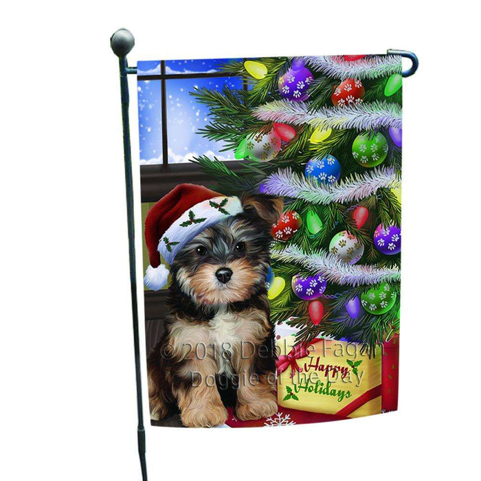 Christmas Happy Holidays Yorkipoo Dog with Tree and Presents Garden Flag GFLG53547
