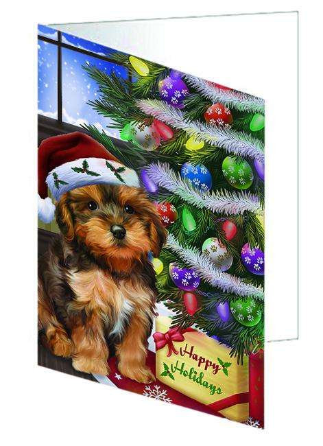 Christmas Happy Holidays Yorkipoo Dog with Tree and Presents Handmade Artwork Assorted Pets Greeting Cards and Note Cards with Envelopes for All Occasions and Holiday Seasons GCD64481