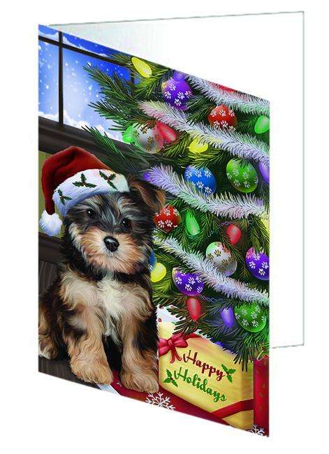 Christmas Happy Holidays Yorkipoo Dog with Tree and Presents Handmade Artwork Assorted Pets Greeting Cards and Note Cards with Envelopes for All Occasions and Holiday Seasons GCD64484