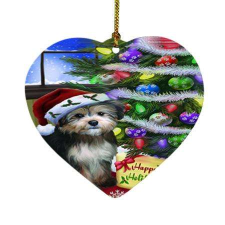Christmas Happy Holidays Yorkipoo Dog with Tree and Presents Heart Christmas Ornament HPOR53483
