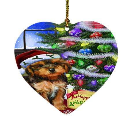 Christmas Happy Holidays Yorkipoo Dog with Tree and Presents Heart Christmas Ornament HPOR53484