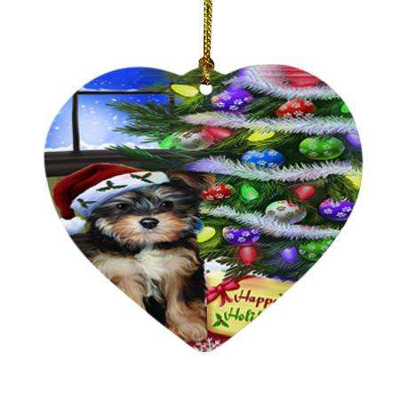 Christmas Happy Holidays Yorkipoo Dog with Tree and Presents Heart Christmas Ornament HPOR53485