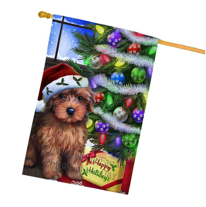 Christmas Happy Holidays Yorkipoo Dog with Tree and Presents House Flag FLG53680