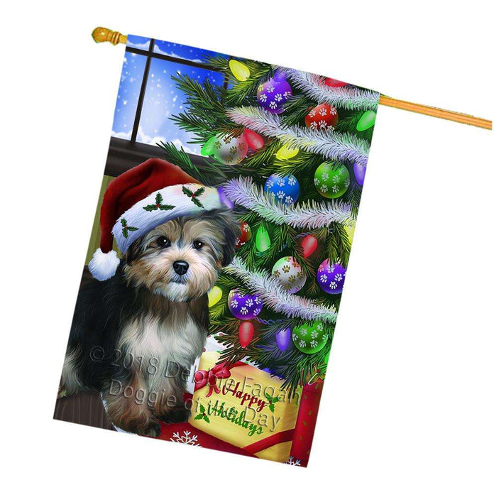 Christmas Happy Holidays Yorkipoo Dog with Tree and Presents House Flag FLG53681
