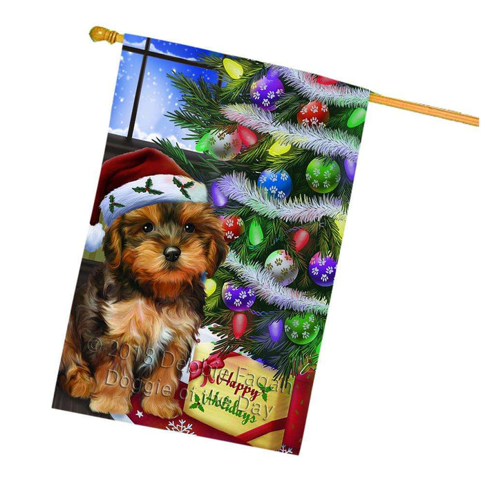Christmas Happy Holidays Yorkipoo Dog with Tree and Presents House Flag FLG53682