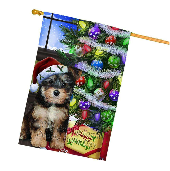 Christmas Happy Holidays Yorkipoo Dog with Tree and Presents House Flag FLG53683