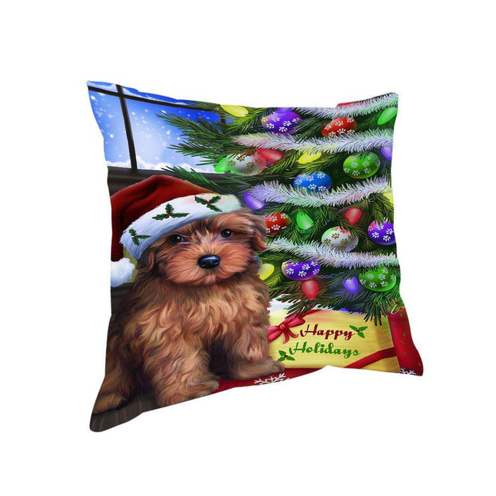 Christmas Happy Holidays Yorkipoo Dog with Tree and Presents Pillow PIL70552