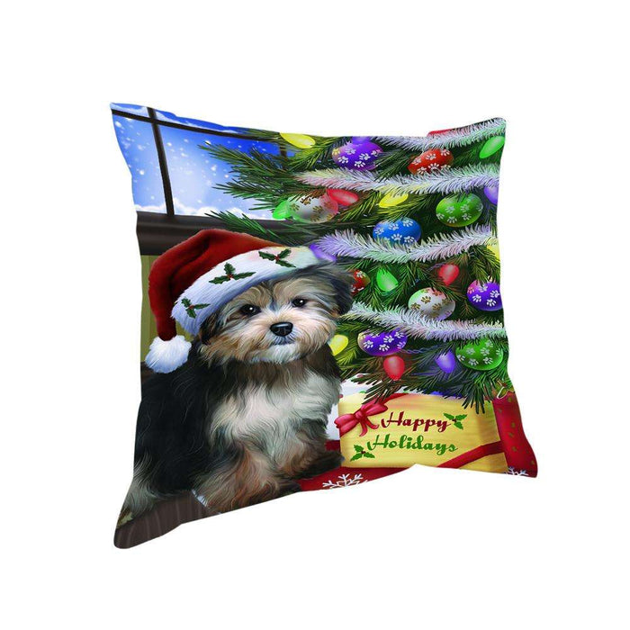Christmas Happy Holidays Yorkipoo Dog with Tree and Presents Pillow PIL70556