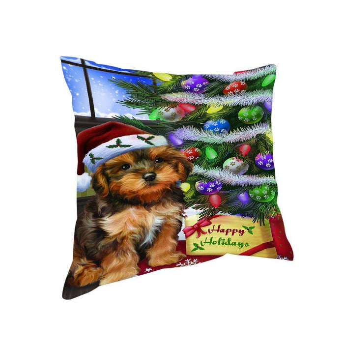 Christmas Happy Holidays Yorkipoo Dog with Tree and Presents Pillow PIL70560