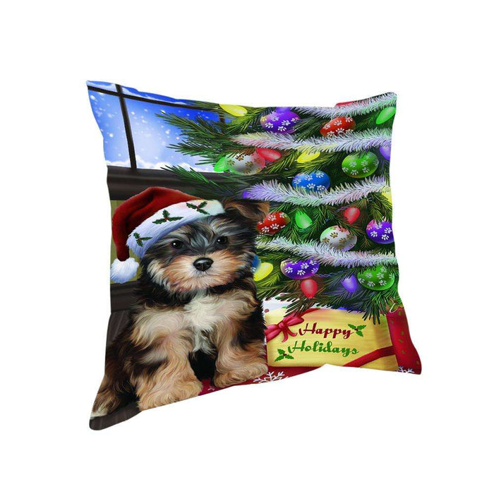 Christmas Happy Holidays Yorkipoo Dog with Tree and Presents Pillow PIL70564