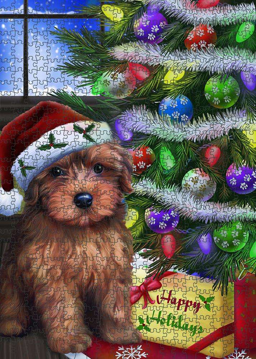 Christmas Happy Holidays Yorkipoo Dog with Tree and Presents Puzzle with Photo Tin PUZL81084