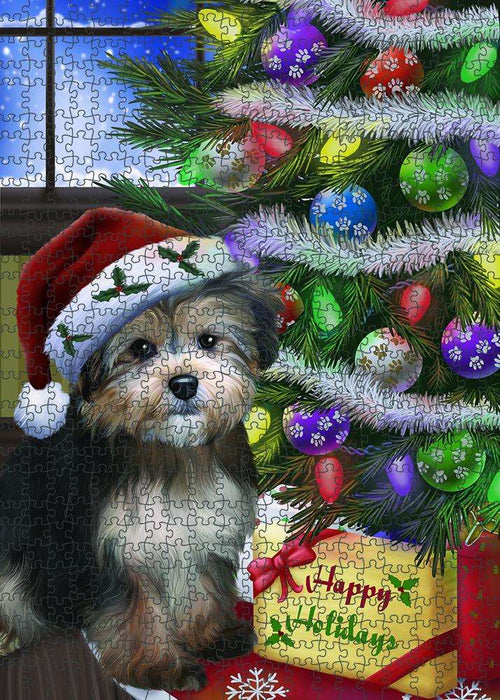 Christmas Happy Holidays Yorkipoo Dog with Tree and Presents Puzzle with Photo Tin PUZL81088