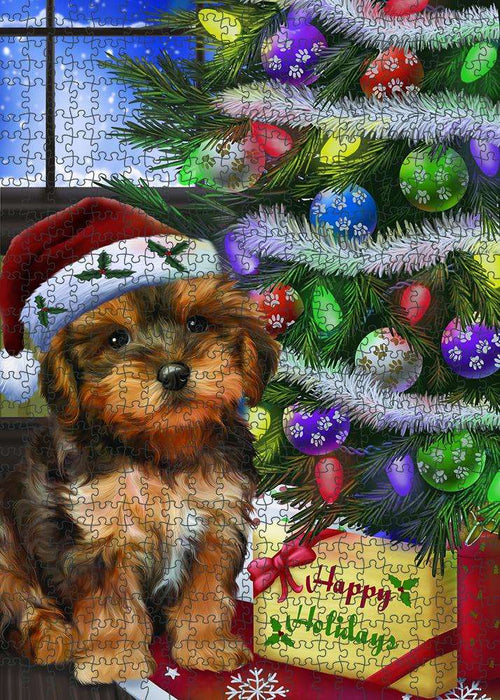 Christmas Happy Holidays Yorkipoo Dog with Tree and Presents Puzzle with Photo Tin PUZL81092