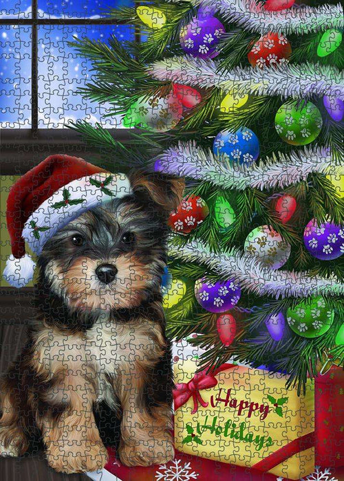 Christmas Happy Holidays Yorkipoo Dog with Tree and Presents Puzzle with Photo Tin PUZL81096