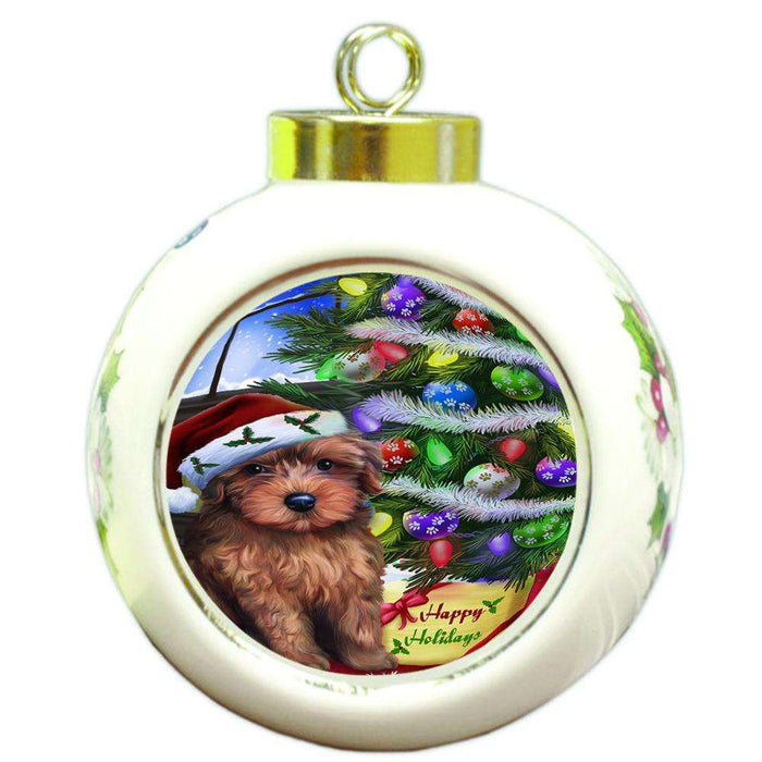 Christmas Happy Holidays Yorkipoo Dog with Tree and Presents Round Ball Christmas Ornament RBPOR53482