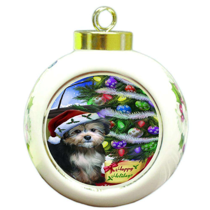Christmas Happy Holidays Yorkipoo Dog with Tree and Presents Round Ball Christmas Ornament RBPOR53483