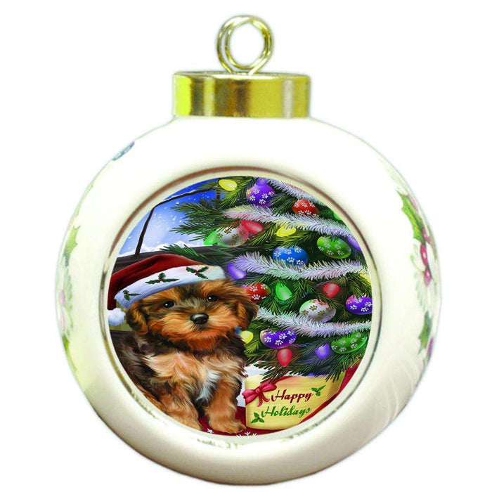 Christmas Happy Holidays Yorkipoo Dog with Tree and Presents Round Ball Christmas Ornament RBPOR53484