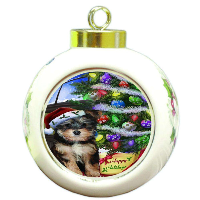 Christmas Happy Holidays Yorkipoo Dog with Tree and Presents Round Ball Christmas Ornament RBPOR53485