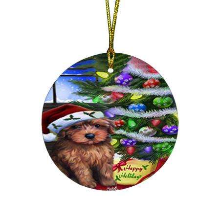 Christmas Happy Holidays Yorkipoo Dog with Tree and Presents Round Flat Christmas Ornament RFPOR53473