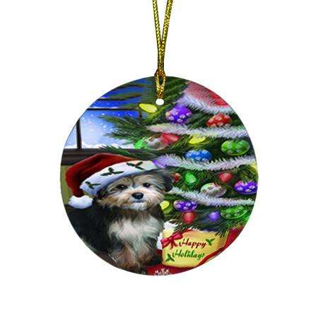 Christmas Happy Holidays Yorkipoo Dog with Tree and Presents Round Flat Christmas Ornament RFPOR53474
