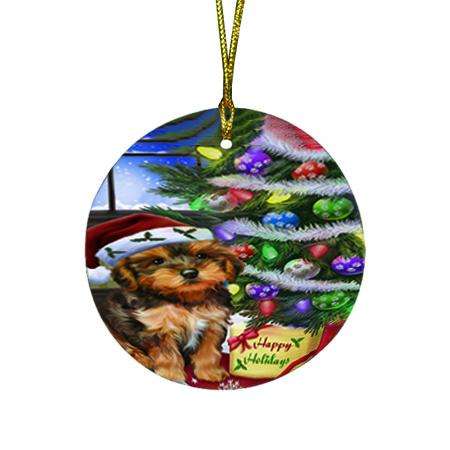Christmas Happy Holidays Yorkipoo Dog with Tree and Presents Round Flat Christmas Ornament RFPOR53475