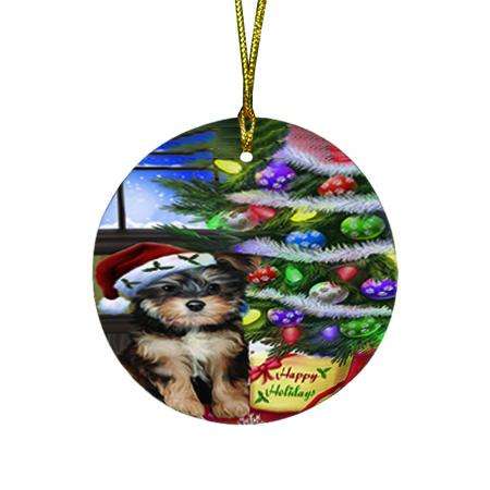 Christmas Happy Holidays Yorkipoo Dog with Tree and Presents Round Flat Christmas Ornament RFPOR53476
