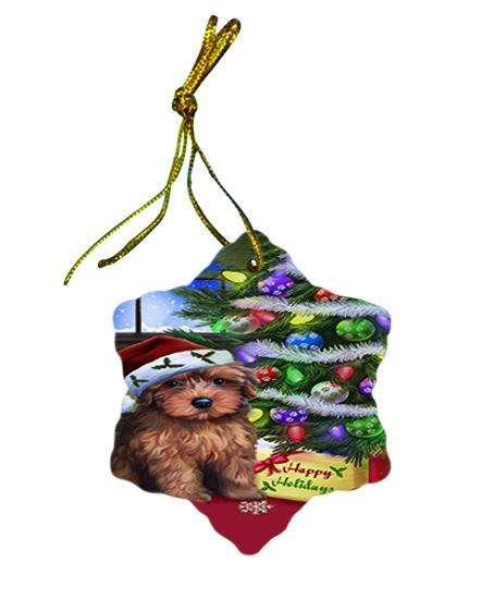 Christmas Happy Holidays Yorkipoo Dog with Tree and Presents Star Porcelain Ornament SPOR53473