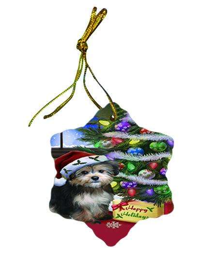 Christmas Happy Holidays Yorkipoo Dog with Tree and Presents Star Porcelain Ornament SPOR53474
