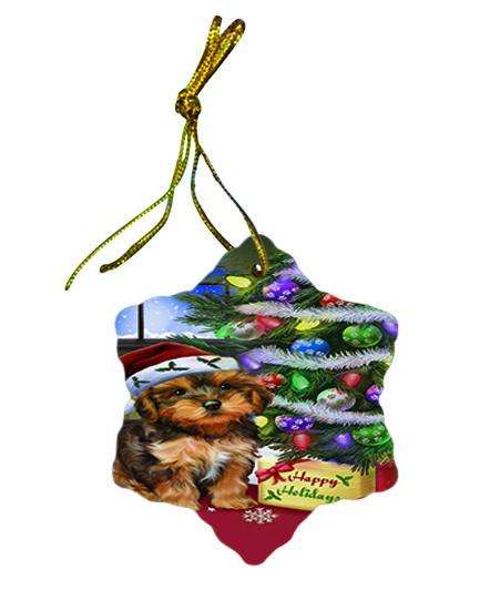 Christmas Happy Holidays Yorkipoo Dog with Tree and Presents Star Porcelain Ornament SPOR53475