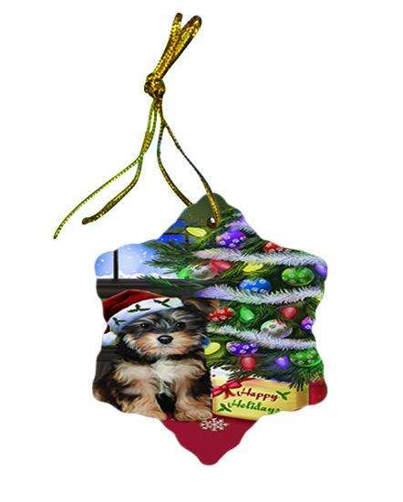 Christmas Happy Holidays Yorkipoo Dog with Tree and Presents Star Porcelain Ornament SPOR53476