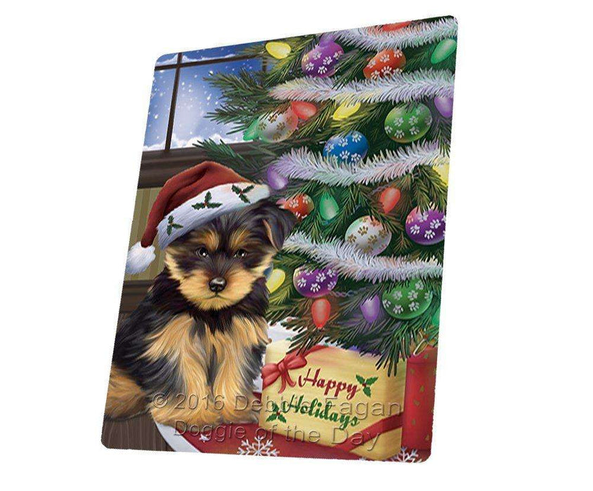 Christmas Happy Holidays Yorkshire Terriers Dog with Tree and Presents Art Portrait Print Woven Throw Sherpa Plush Fleece Blanket