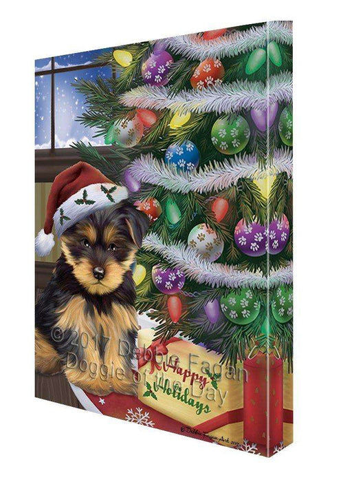 Christmas Happy Holidays Yorkshire Terriers Dog with Tree and Presents Canvas Wall Art
